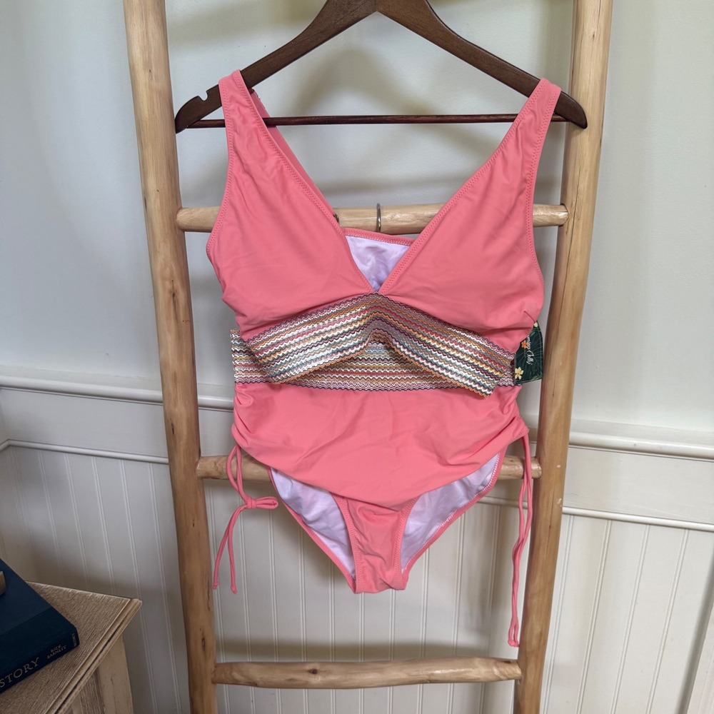 Blooming Jelly Womens Bikini Set Coral Pink High Waisted Chevron Trim Size L NEW